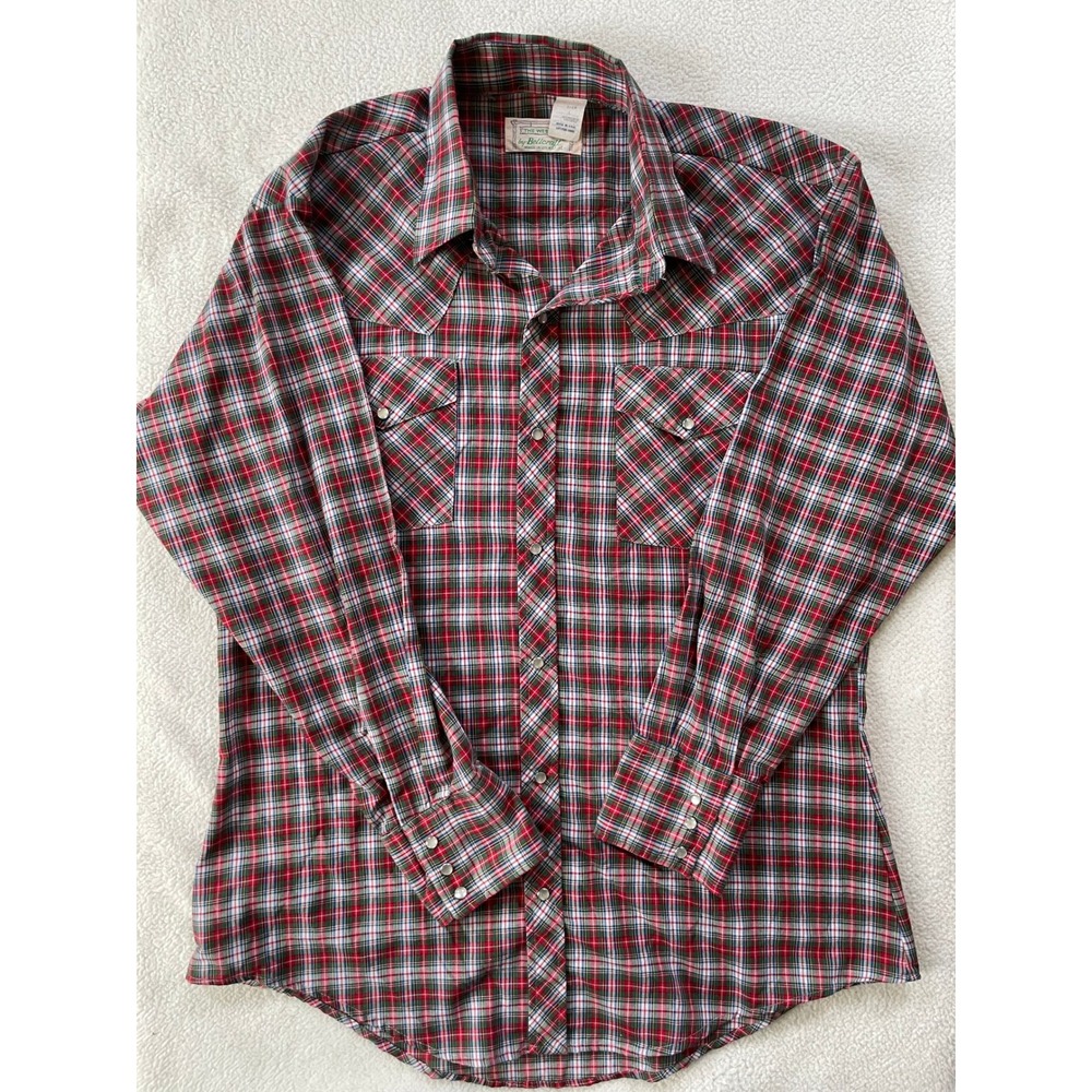 70s Vintage Bellcraft Mens Large‎ Western Pearl Snap Shirt Red Green Plaid USA